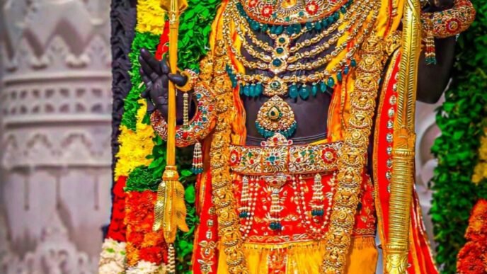 a statue of a hindu god surrounded by flowers